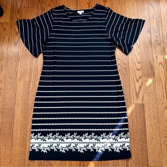 Charter Club Dresses & Skirts - CHARTER CLUB Dots Stripes Floral Navy Blue Cream Flutter Sleeves Dress Size XXL